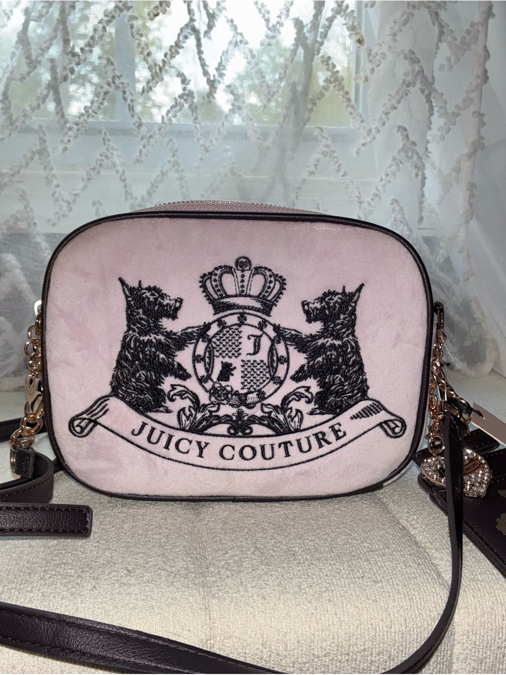 Juicy Couture Light Pink Velvet Crossbody with Black Crest